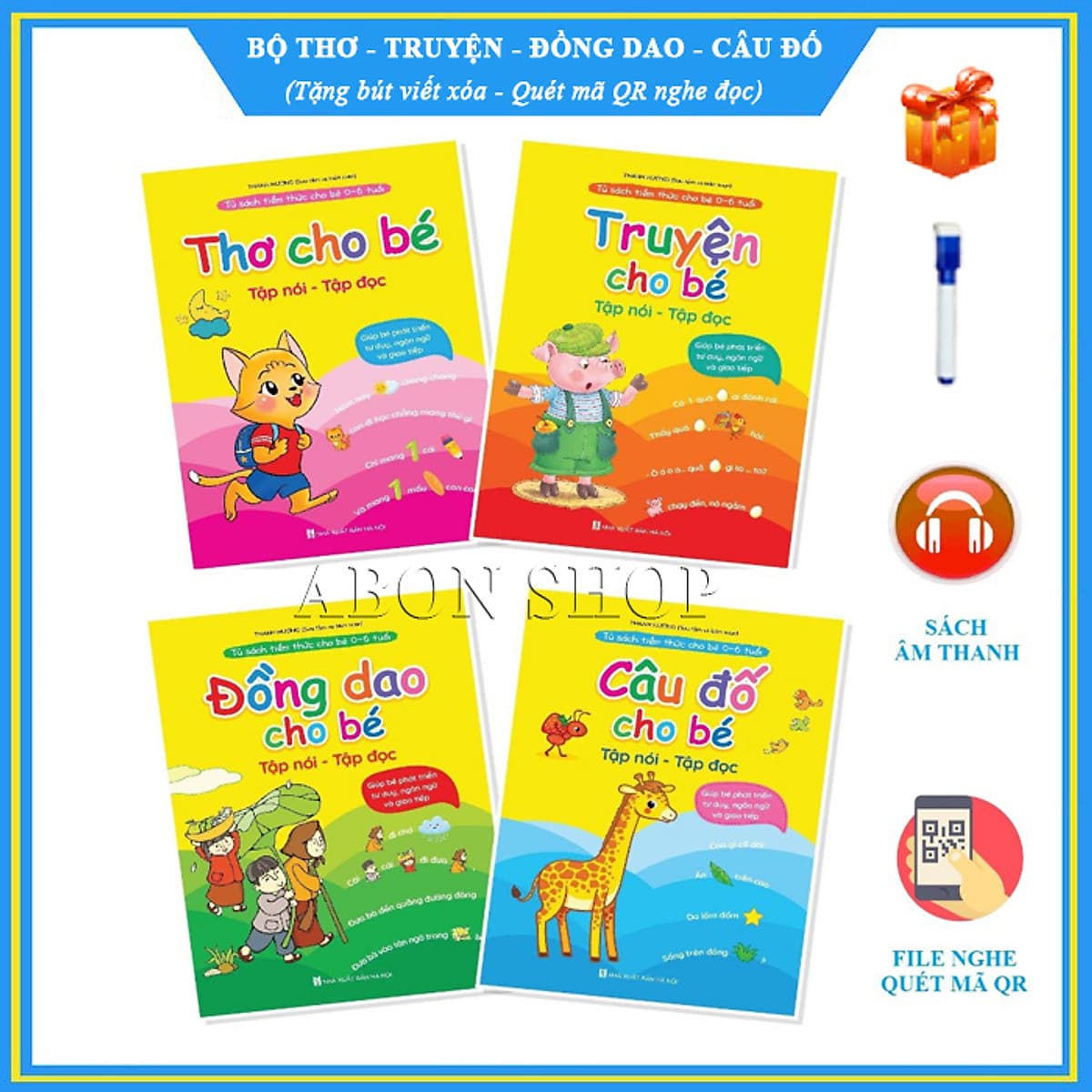 Bìa sách Trọn bộ gồm 4 quyển Đồng dao - Thơ - Truyện - Câu đố cho bé - Tủ sách tiềm thức kèm File đọc quét mã QR ngay trên từng quyển