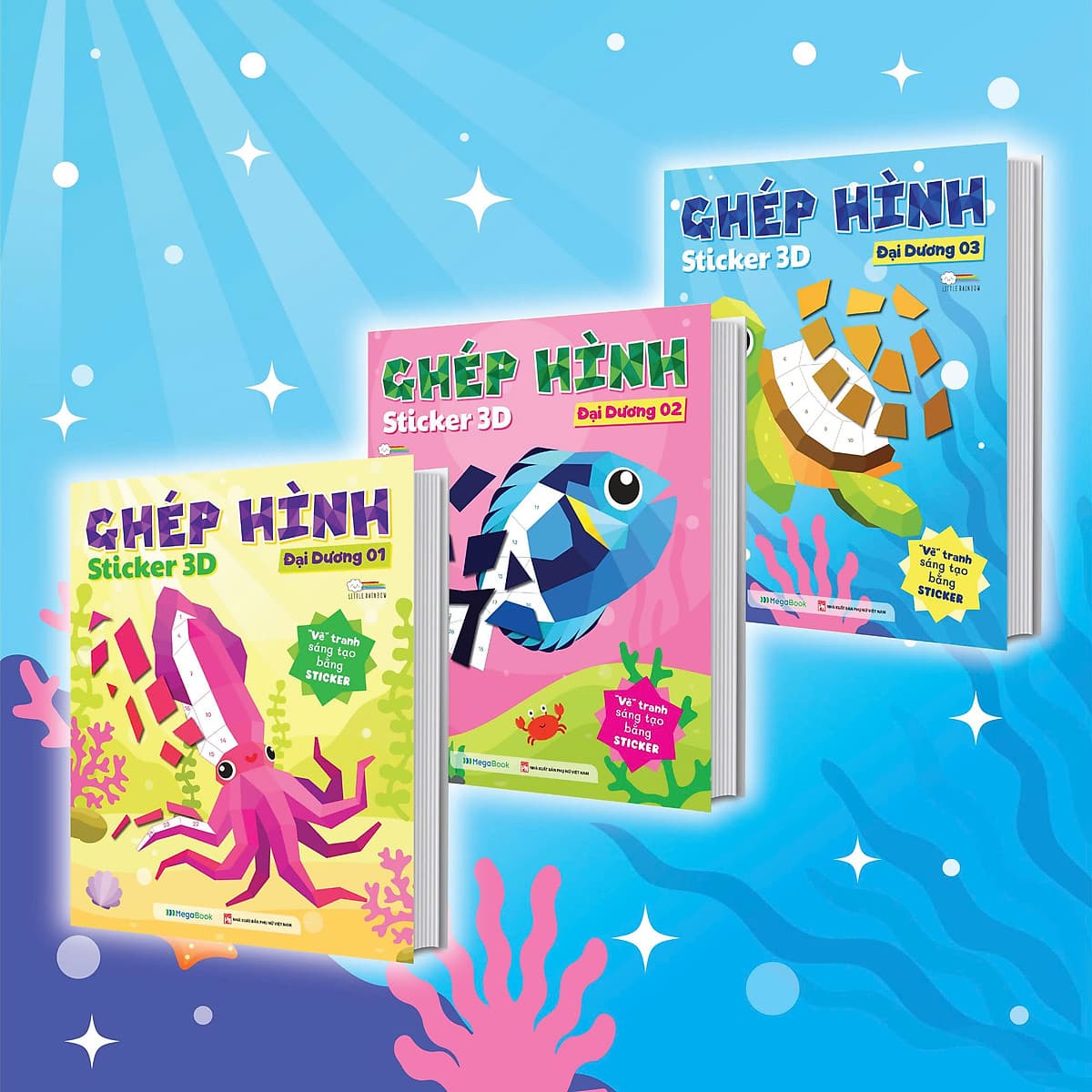 Bìa sách Combo Ghép Hình Sticker 3D - Đại Dương (3 cuốn) (Sách Bóc Dán Ghép Hình Sáng Tạo Cho Bé)