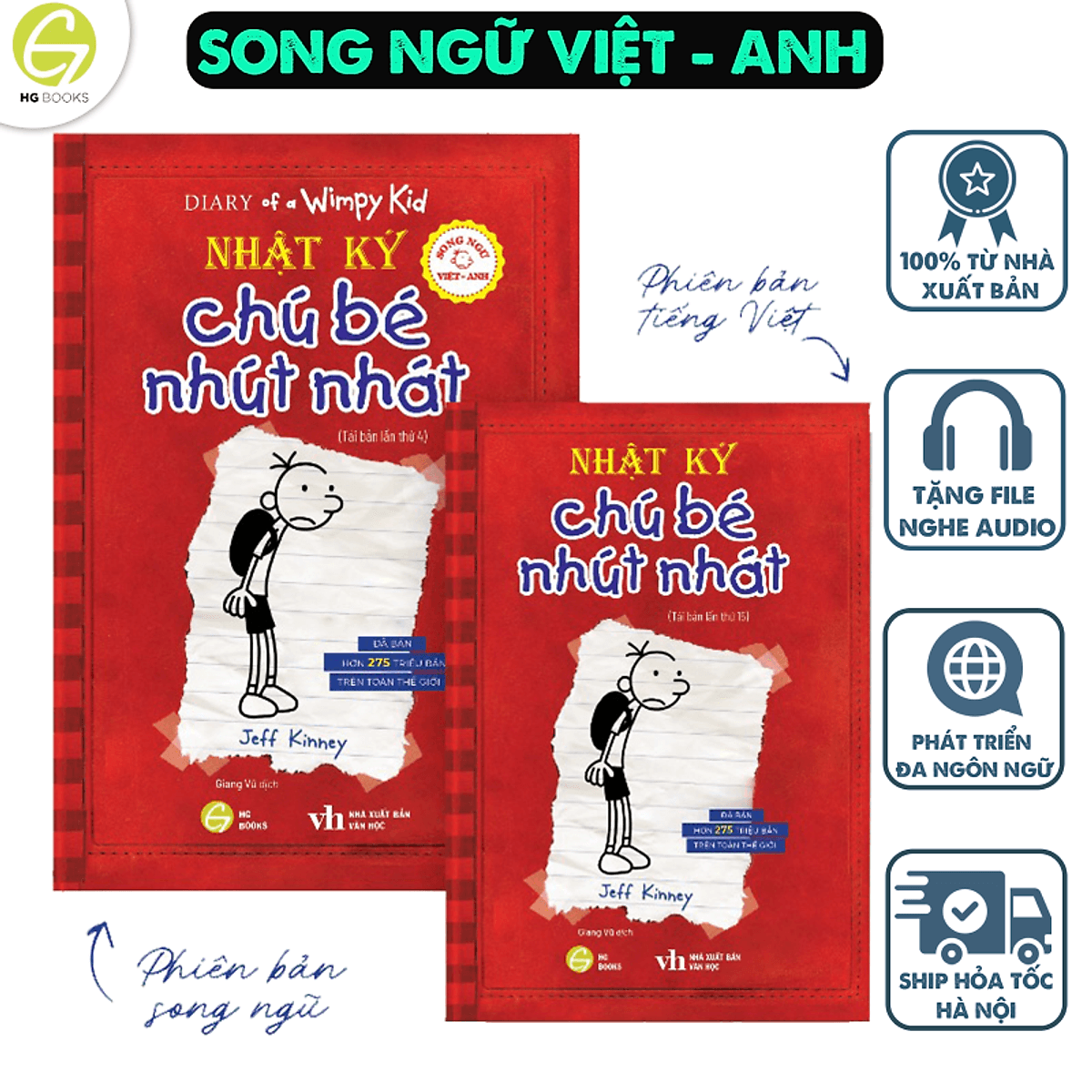 Bìa sách Nhật ký chú bé nhút nhát Song ngữ Việt - Anh Tập 1 (kèm file nghe + note từ mới)