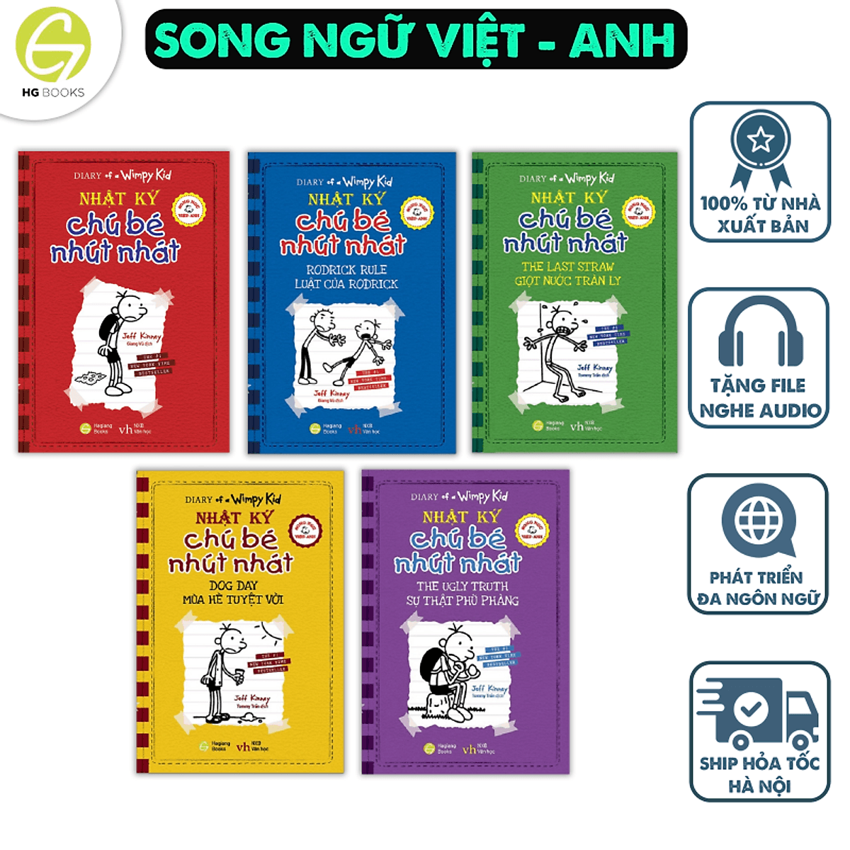 Bìa sách Combo 5 tập Nhật Ký Chú Bé Nhút Nhát - Diary Of A Wimpy Kid BẢN SONG NGỮ kèm file nghe Audio